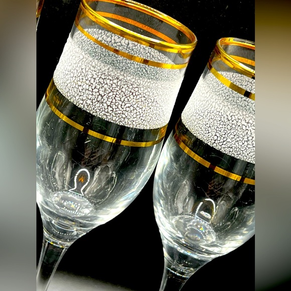 Set of 4 Vintage Midcentury Clear Wine Glasses Gold Rim Textured White Stripe 8" - Picture 6 of 11